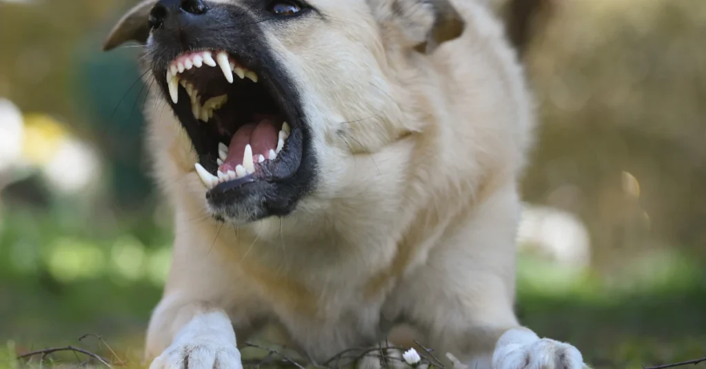 Dog with mouth open outdoors, showing teeth in a natural setting