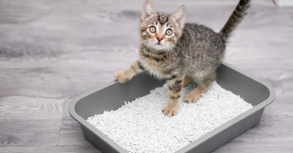 Kitten standing in a gray litter box filled with white litter