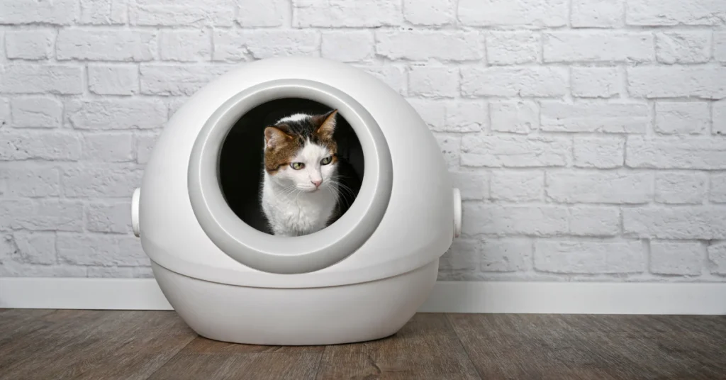 Cat sitting inside a white automatic self-cleaning litter box