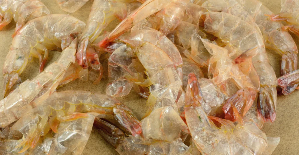 Shell-on shrimp with tails and legs, which are a choking and blockage risk for dogs