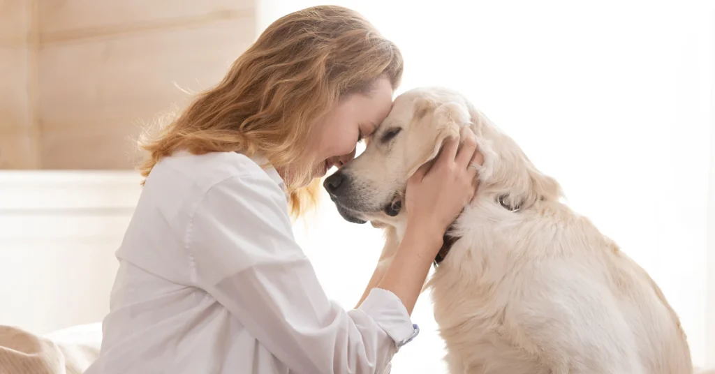 Woman hugging and comforting a white dog at home