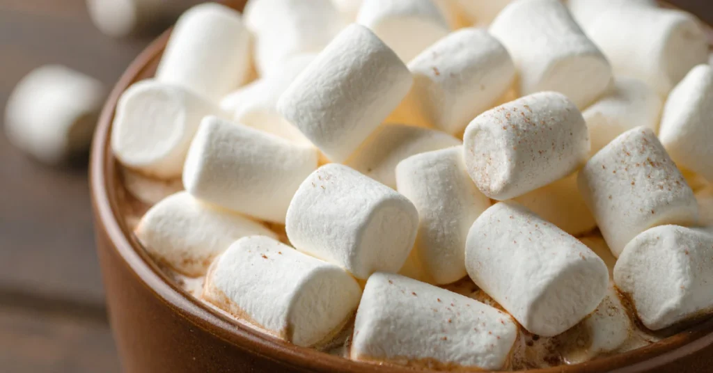 Wooden bowl filled with white marshmallows