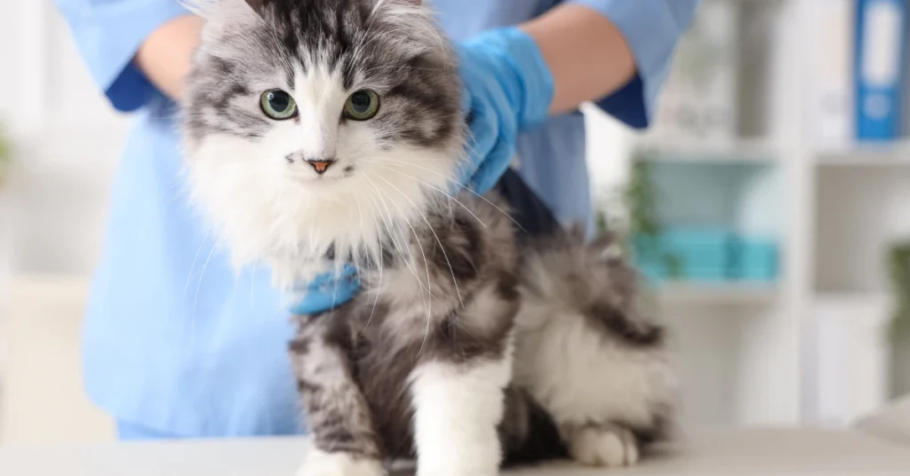Kitten being held by a veterinarian in blue gloves