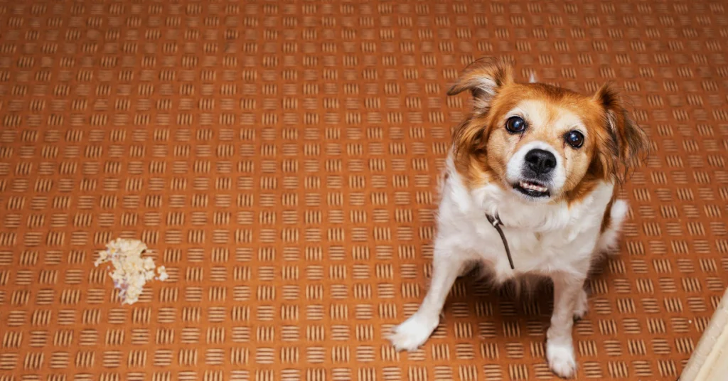 Small dog sitting on a rug next to vomit on the floor