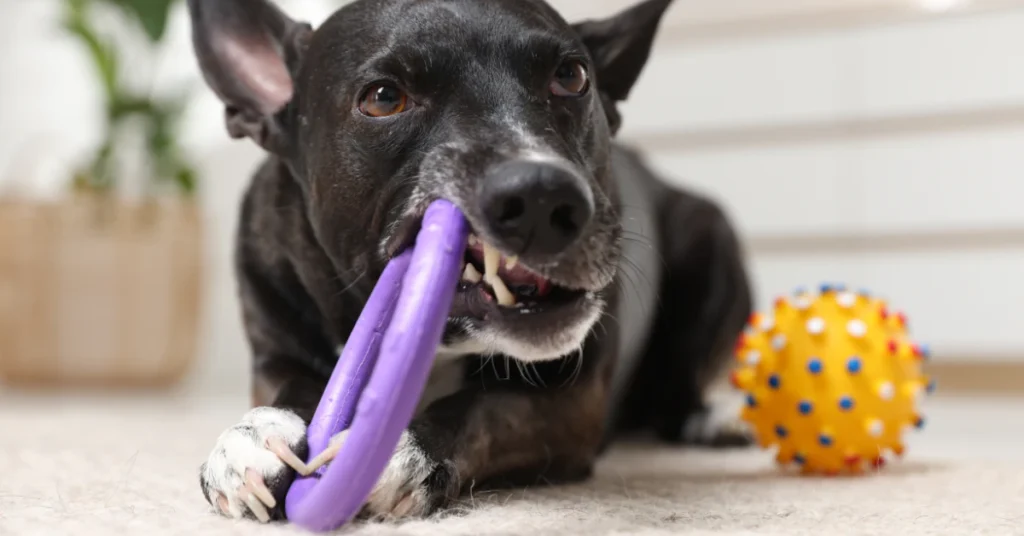 Black dog chewing on a purple chew toy with an orange ball nearby