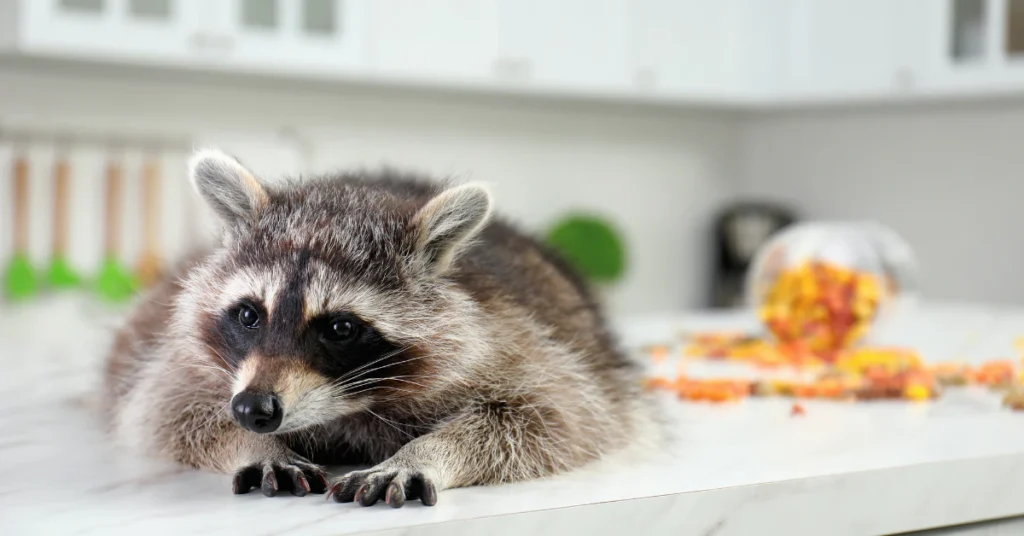 Raccoon sitting on a kitchen counter indoors