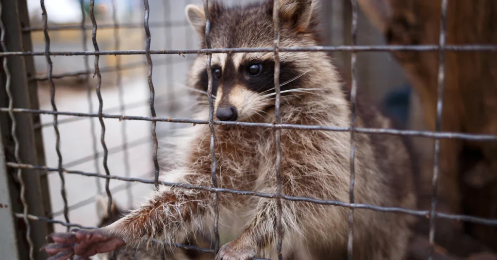 Raccoon standing inside a wire cage looking out