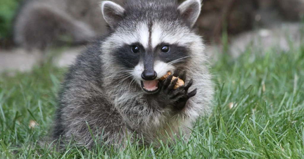 Raccoon sitting on grass holding food in its paws