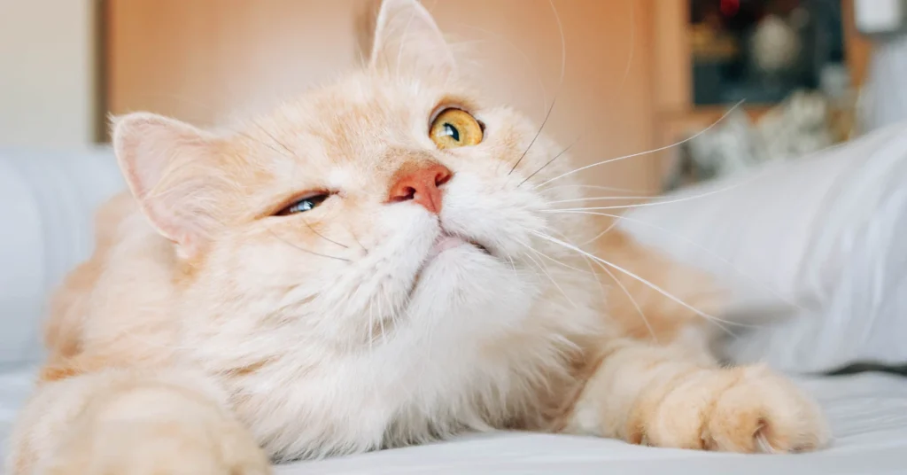 Cream-colored cat with softly closed eyes relaxing on a bed