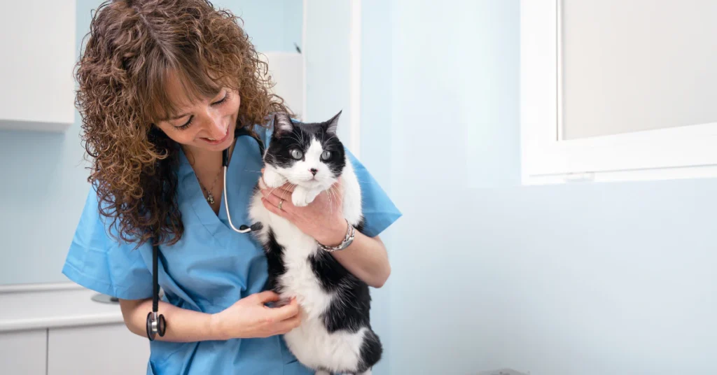Veterinarian holding a black and white cat during a checkup